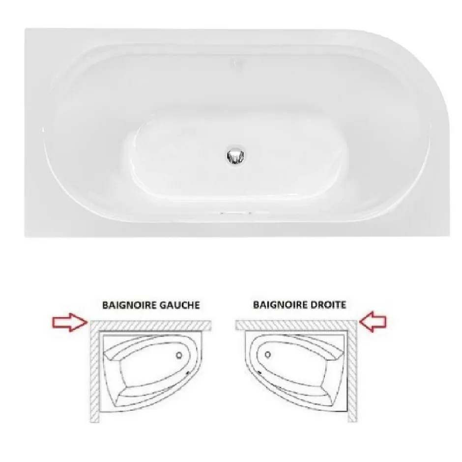 Besco Baignoire d'angle Noir et Blanc + Siphon Graphite et Vidage inclus + Repose tête - AVITA S CLASSE - GAUCHE - 150 x 75 cm* Baignoire Asymétrique