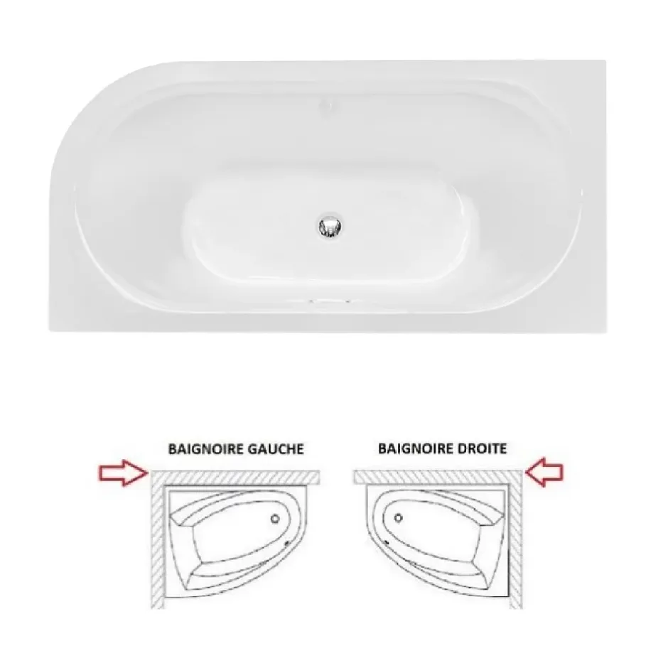 Besco Baignoire d'angle Noir et Blanc + Siphon Chrome et Vidage inclus + Repose tête - AVITA S CLASSE - DROITE - 150 x 75 cm