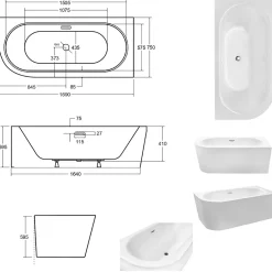 Besco Baignoire d'angle Noir et Blanc + Siphon Blanc et Vidage inclus + Repose tête - AVITA S CLASSE - DROITE - 170 x 75 cm
