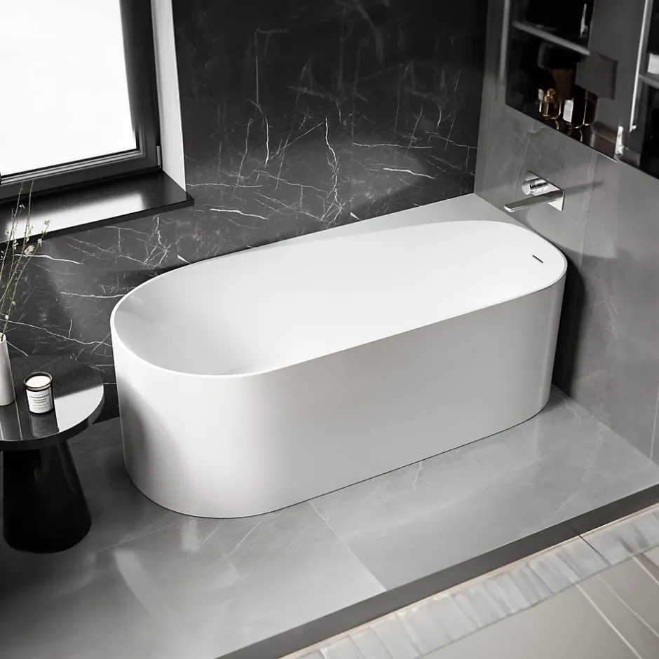 Bernstein Baignoire d'angle semi-îlot Acrylique Ovale Salle de Bain avec Bonde + trop plein, Blanc, 170x78x58cm, Garantie 5 ans, ONDA CORNER