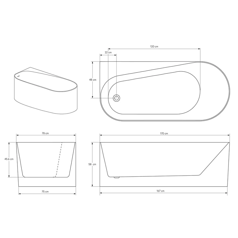 Bernstein Baignoire d'angle semi-îlot Acrylique Ovale Salle de Bain avec Bonde + trop plein, Blanc, 170x78x58cm, Garantie 5 ans, ONDA CORNER* Baignoire D'Angle