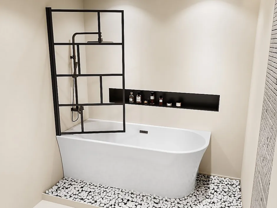 Vente-unique Baignoire douche blanche avec pare baignoire pivotant - 201 L - Angle gauche - PONTICOLA