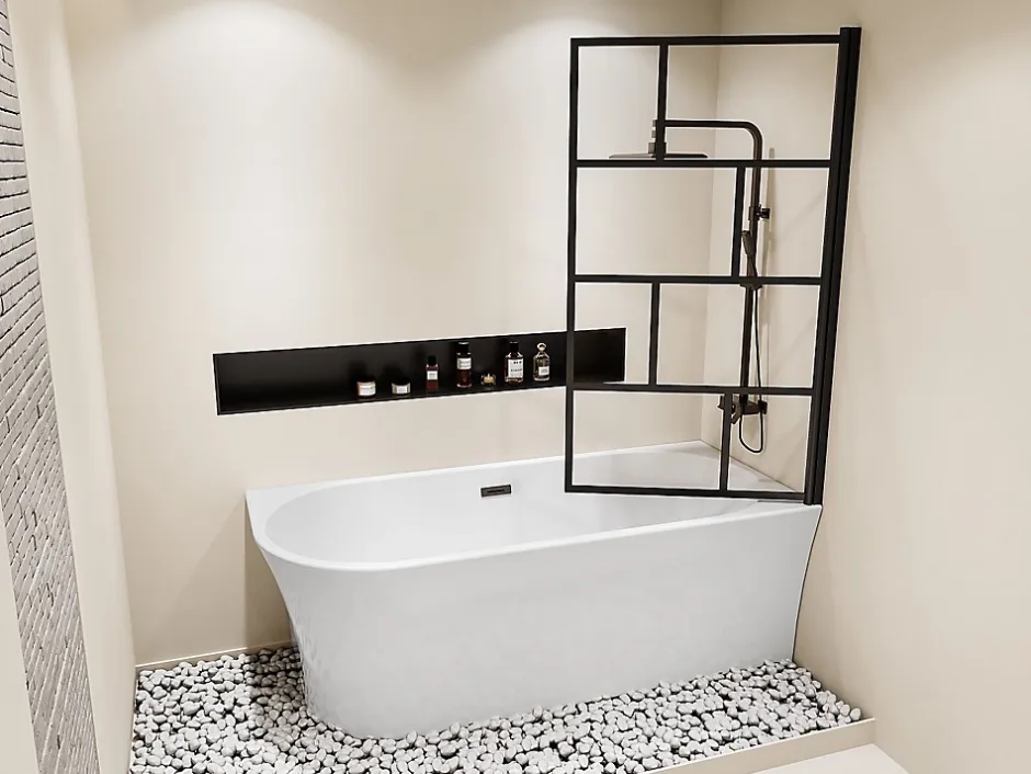 Vente-unique Baignoire douche blanche avec pare baignoire pivotant - 201 L - Angle droit - PONTICOLA