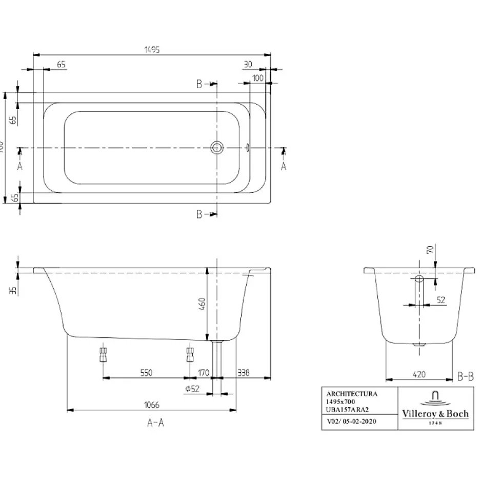 Villeroy & Boch Baignoire droite 150 X 70 VILLEROY ET BOCH Architectura acrylique* Baignoire Droite