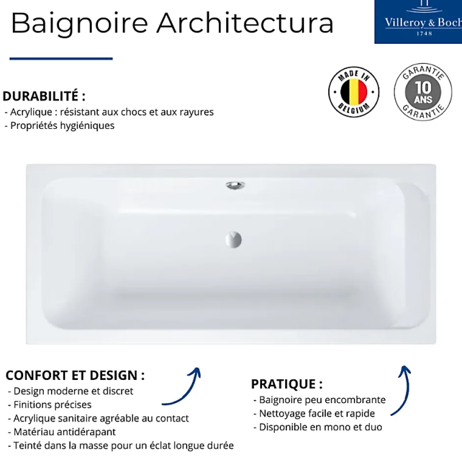 Villeroy & Boch Baignoire droite 190 X 90 VILLEROY ET BOCH Architectura acrylique avec pieds* Baignoire Droite