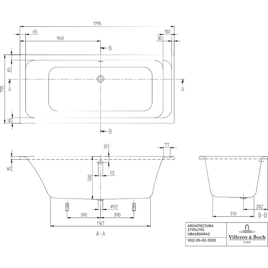 Villeroy & Boch Baignoire droite 180 X 80 VILLEROY ET BOCH Architectura acrylique