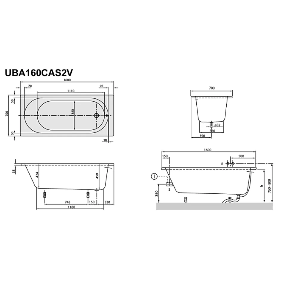 Villeroy & Boch Baignoire droite 160 X 70 VILLEROY ET BOCH O Novo Solo acrylique
