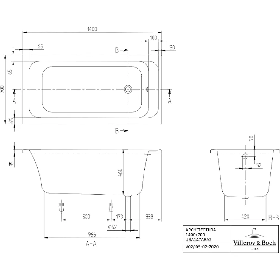 Villeroy & Boch Baignoire droite 140 X 70 VILLEROY ET BOCH Architectura acrylique avec pieds* Baignoire Droite