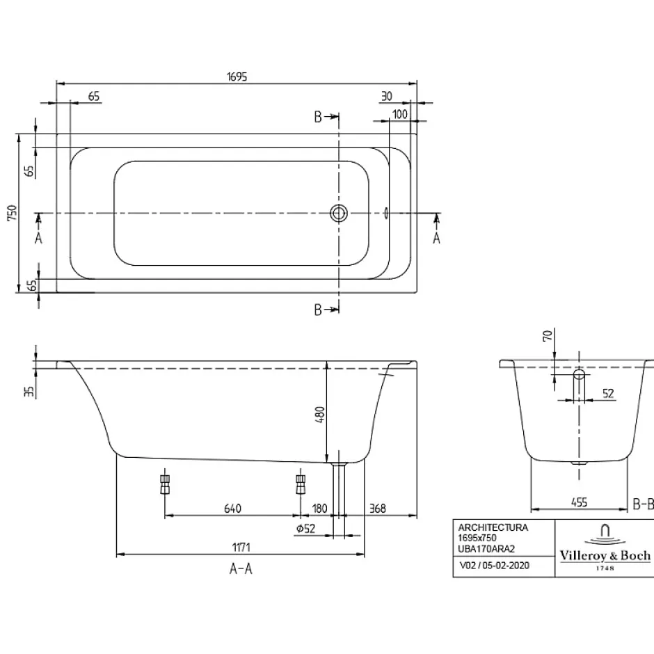 Villeroy & Boch Baignoire droite 170 X 75 VILLEROY ET BOCH Architectura acrylique avec pieds* Baignoire Droite