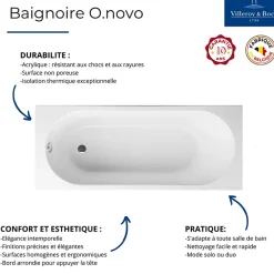 Villeroy & Boch Baignoire droite avec pieds 160 x 70 cm O.Novo Blanc + Pare bain droite AURYS Raywall noir mat