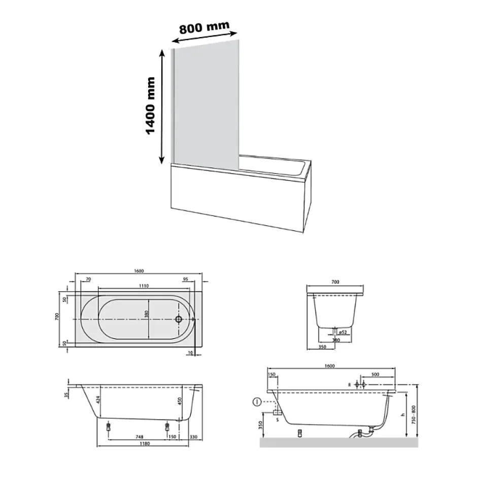 Villeroy & Boch Baignoire droite avec pieds 160 x 70 cm O.Novo Blanc + Pare bain droite AURYS Raywall noir mat