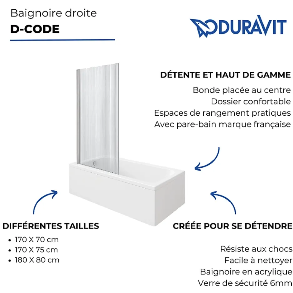 Duravit Baignoire droite D-Code 180 x 85 cm + Pare bain droit AURYS Raywall chromé