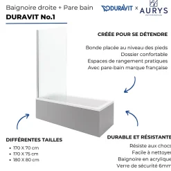 Duravit Baignoire droite No.1 180 x 85 cm + Pare bain droit AURYS Mist 1 chromé