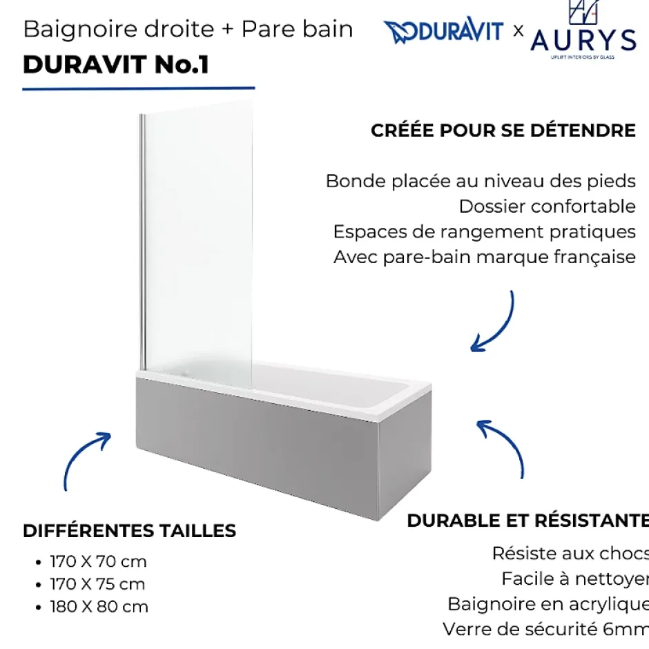 Duravit Baignoire droite No.1 180 x 85 cm + Pare bain droit AURYS Mist 1 chromé