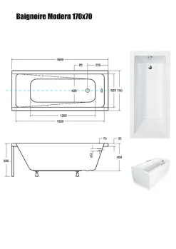 Besco Baignoire Droite sans Tablier - 170 x 70 cm - MODERN SANS TABLIER - REPOSE-TÊTE OFFERT