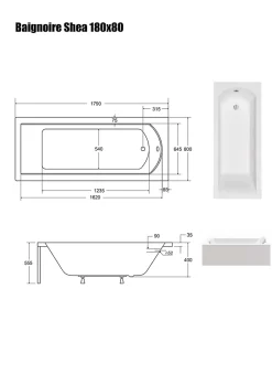 Besco Baignoire Droite sans Tablier - 180 x 80 cm - SHEA SANS TABLIER - REPOSE-TÊTE OFFERT* Baignoire Droite
