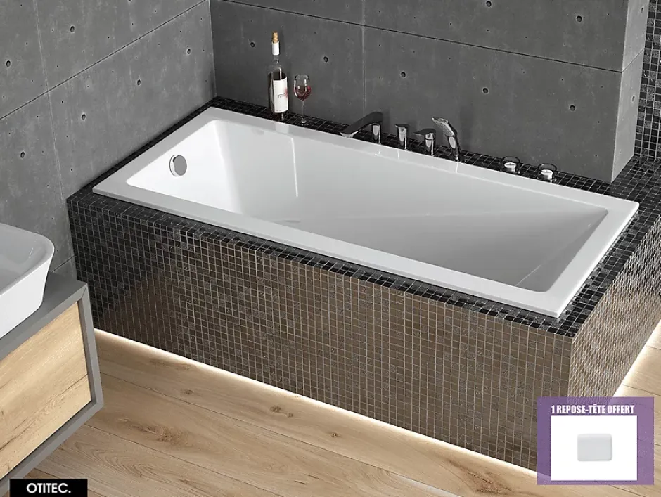 Besco Baignoire Droite sans Tablier - 130 x 70 cm - MODERN SANS TABLIER - REPOSE-TÊTE OFFERT* Baignoire Droite