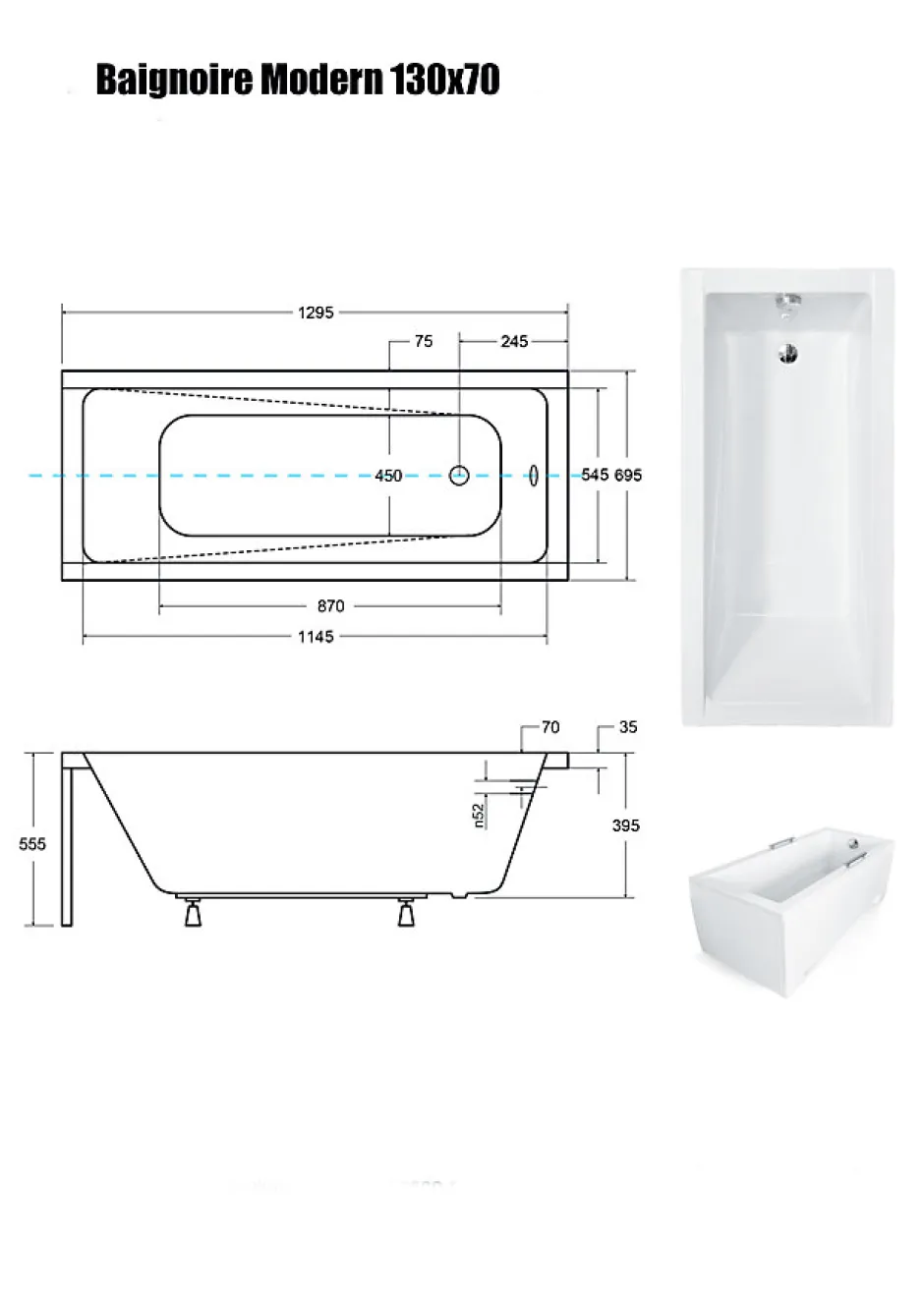 Besco Baignoire Droite sans Tablier - 130 x 70 cm - MODERN SANS TABLIER - REPOSE-TÊTE OFFERT* Baignoire Droite