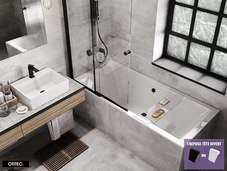 Besco Baignoire Droite sans Tablier - 170 x 75 cm - QUADRO SANS TABLIER - REPOSE-TÊTE OFFERT
