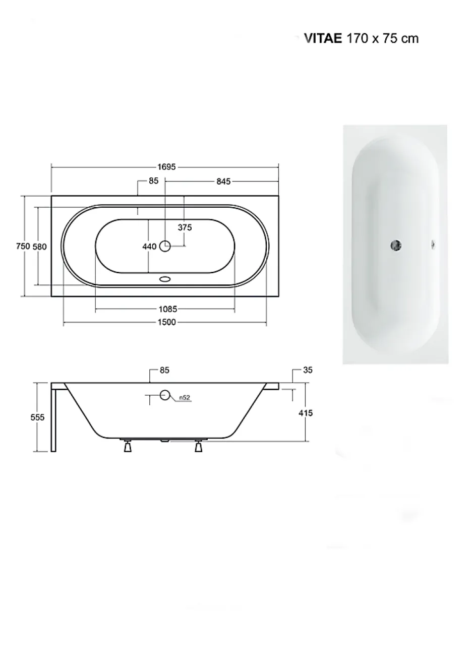 Besco Baignoire Droite sans Tablier - 170 x 75 cm - VITAE SANS TABLIER - REPOSE-TÊTE OFFERT