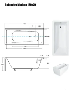 Besco Baignoire Droite sans Tablier - 120 x 70 cm - MODERN SANS TABLIER - REPOSE-TÊTE OFFERT* Baignoire Droite