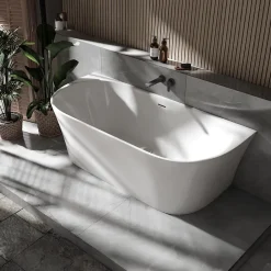 Bernstein Baignoire droite semi-îlot murale ovale acrylique salle de bain, isolation thermique - Blanc - 170x80x57cm - Garantie 5 ans - NORA* Baignoire Îlot