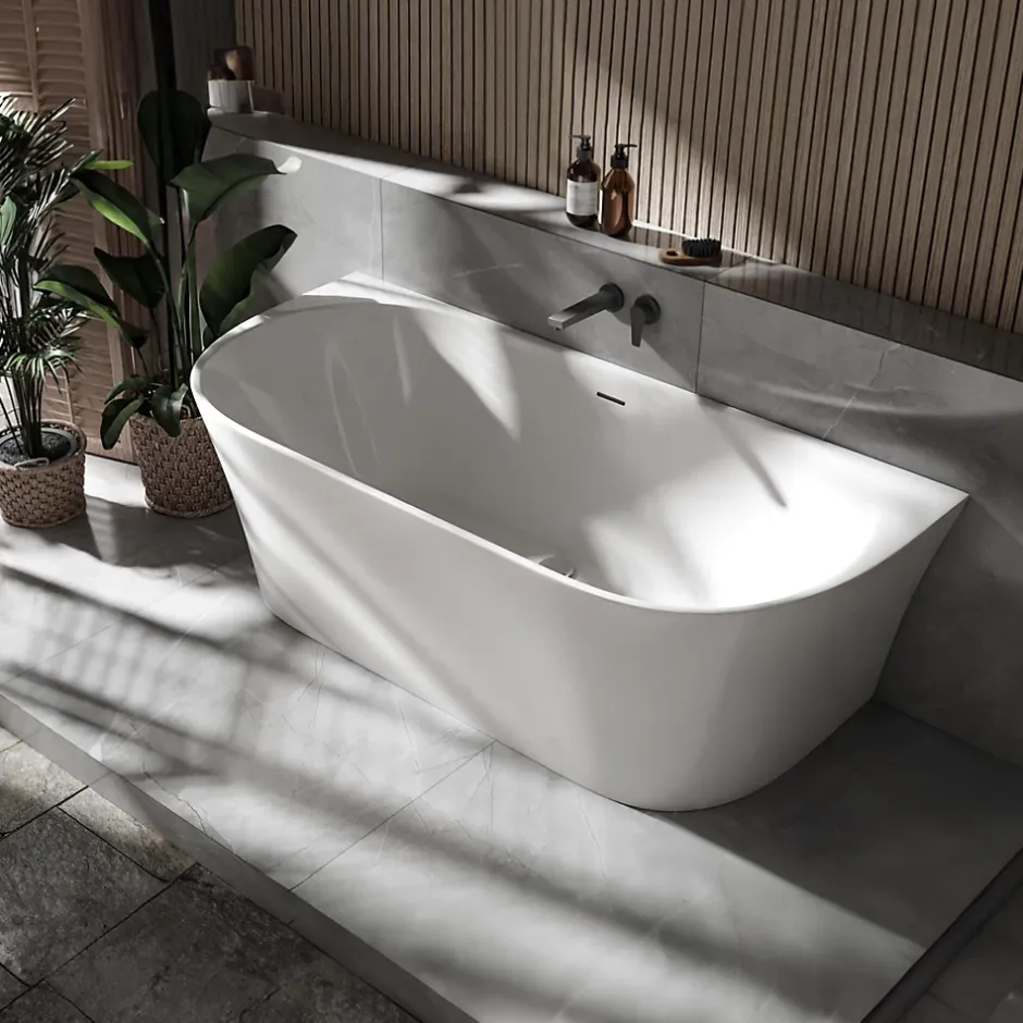 Bernstein Baignoire droite semi-îlot murale ovale acrylique salle de bain, isolation thermique - Blanc - 170x80x57cm - Garantie 5 ans - NORA* Baignoire Îlot