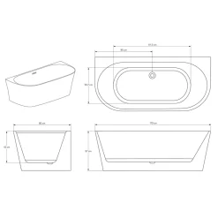Bernstein Baignoire droite semi-îlot murale ovale acrylique salle de bain, isolation thermique - Blanc - 170x80x57cm - Garantie 5 ans - NORA* Baignoire Îlot