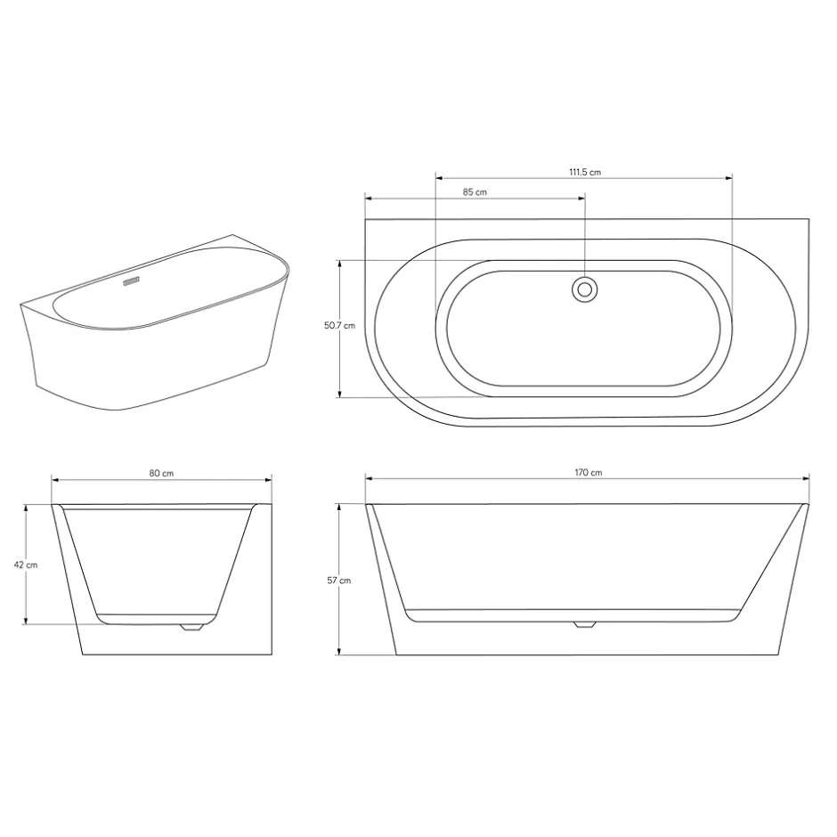 Bernstein Baignoire droite semi-îlot murale ovale acrylique salle de bain, isolation thermique - Blanc - 170x80x57cm - Garantie 5 ans - NORA* Baignoire Îlot