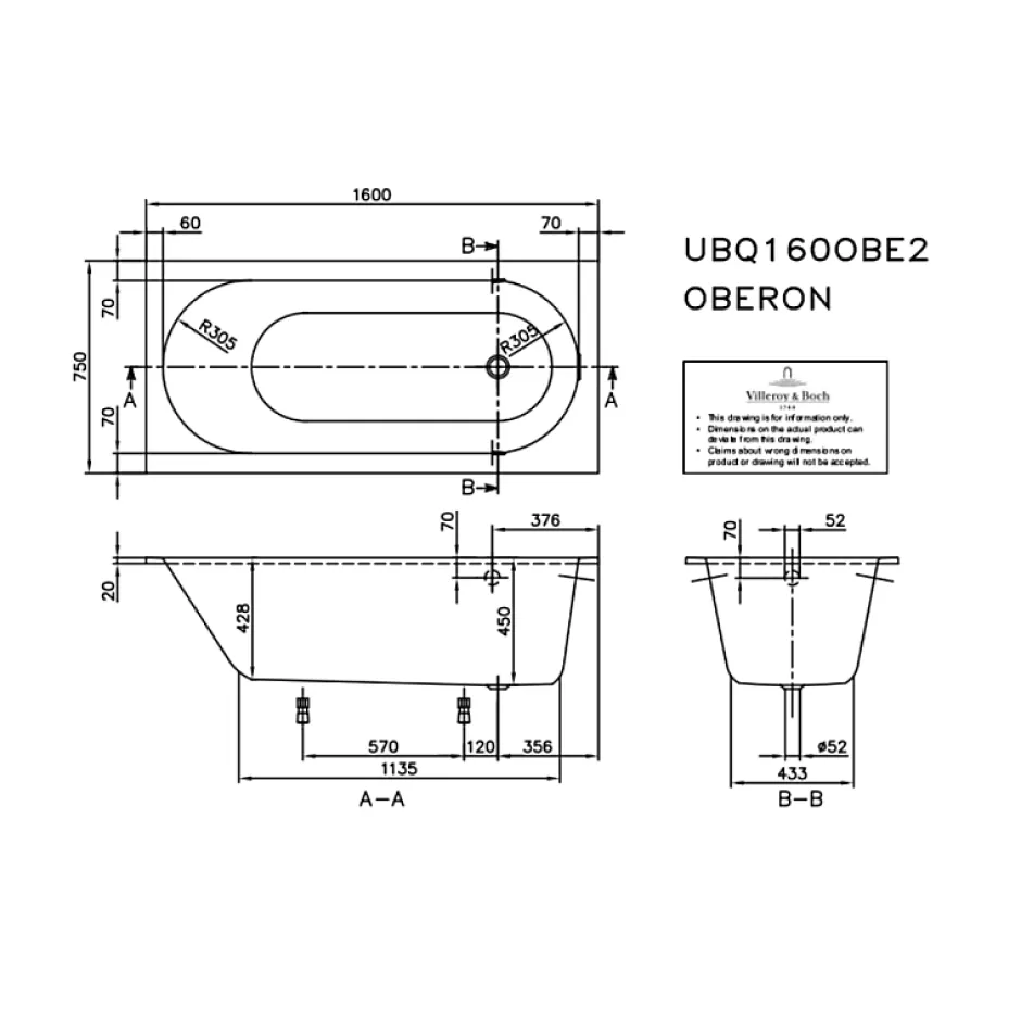 Villeroy & Boch Baignoire droite VILLEROY ET BOCH Oberon quaryl 160 x 75 cm + Pare bain gauche AURYS Mist 1 chromé