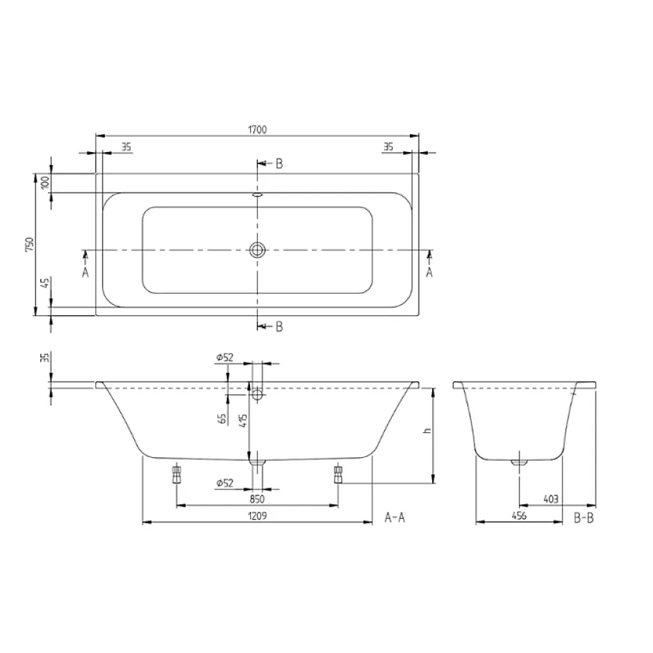 Villeroy & Boch Baignoire droite Architectura avec pieds 170 x 75 cm Blanc + Pare bain gauche AURYS Raywall chromé* Baignoire Droite