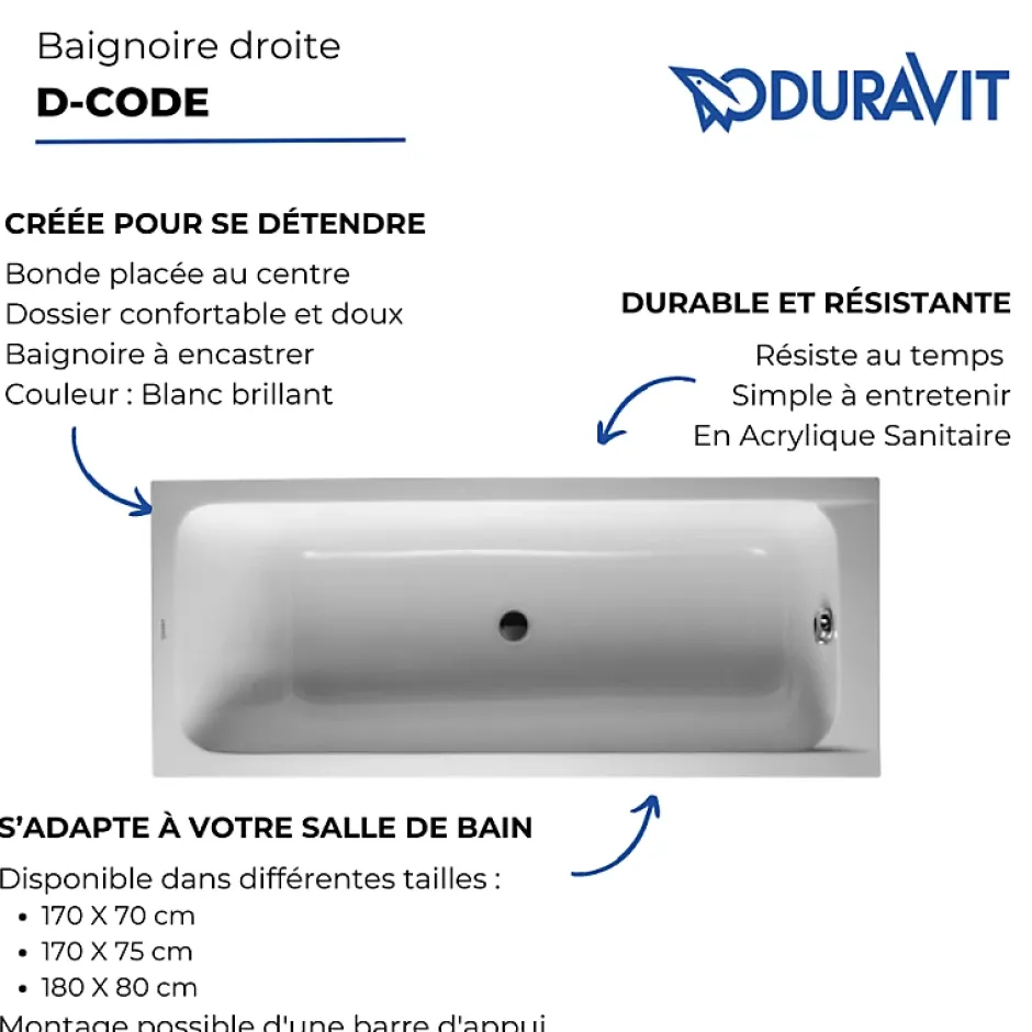 Duravit Baignoire droite 170x75 D-Code bonde au centre