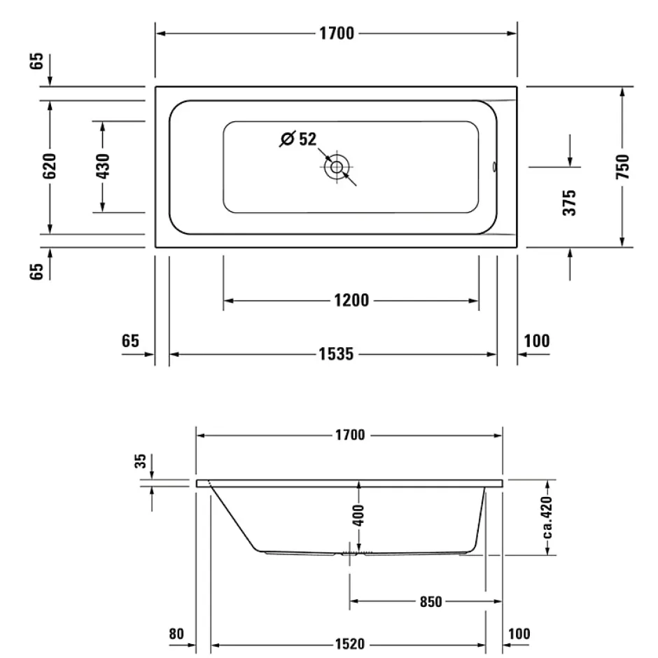 Duravit Baignoire droite 170x75 D-Code bonde au centre
