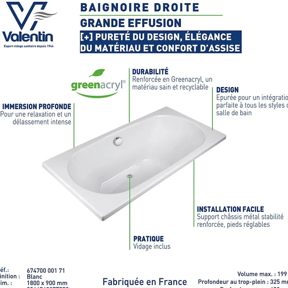 Valentin Baignoire Effusion 180 x 90 cm sans tablier* Baignoire Droite