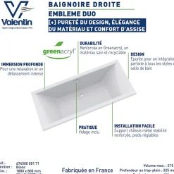 Valentin Baignoire Embleme Duo 180 x 80 cm sans tablier