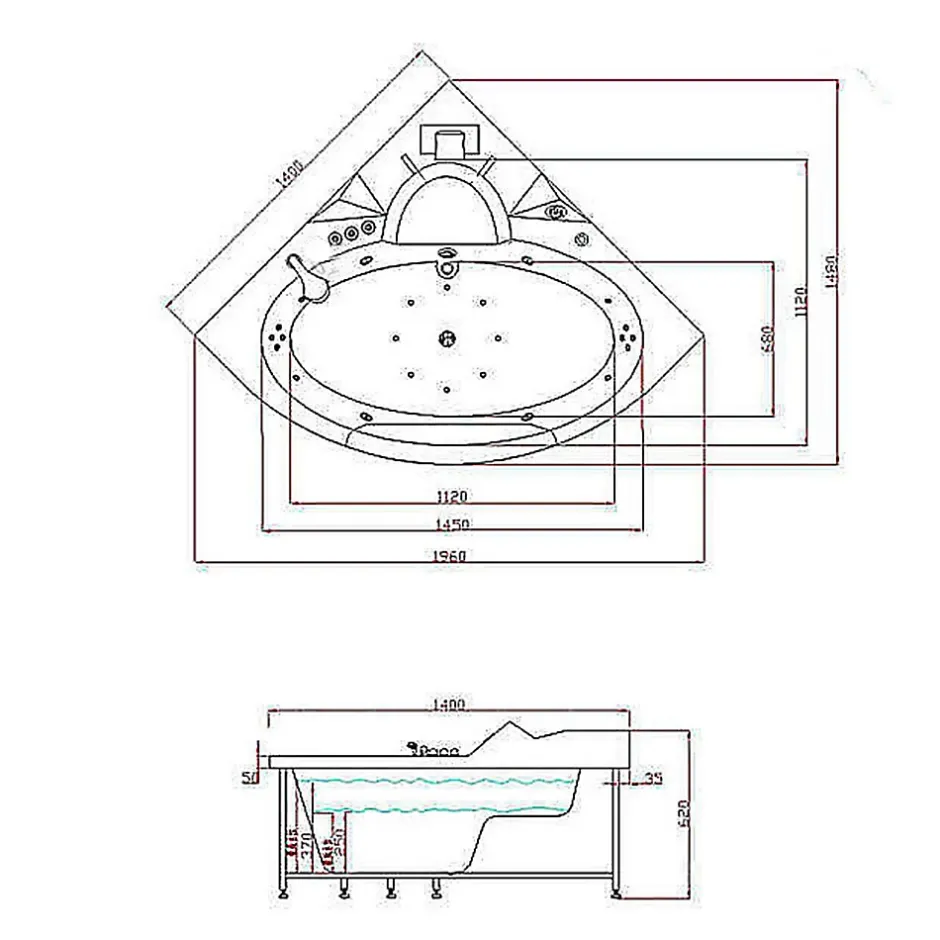 Eliteshopping Baignoire Hydromassage Chromotherapie 140 x 140 cm double pompe 20 jets Camelia