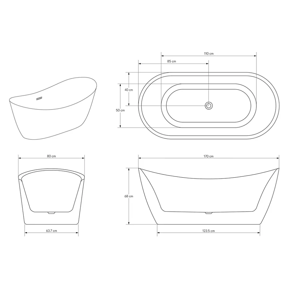 Bernstein Baignoire îlot Acrylique Design Moderne pour Salle de Bain avec Bonde et trop plein, Blanc, 170x80x68cm, Garantie 5 ans, SIENA 2.0* Baignoire Îlot