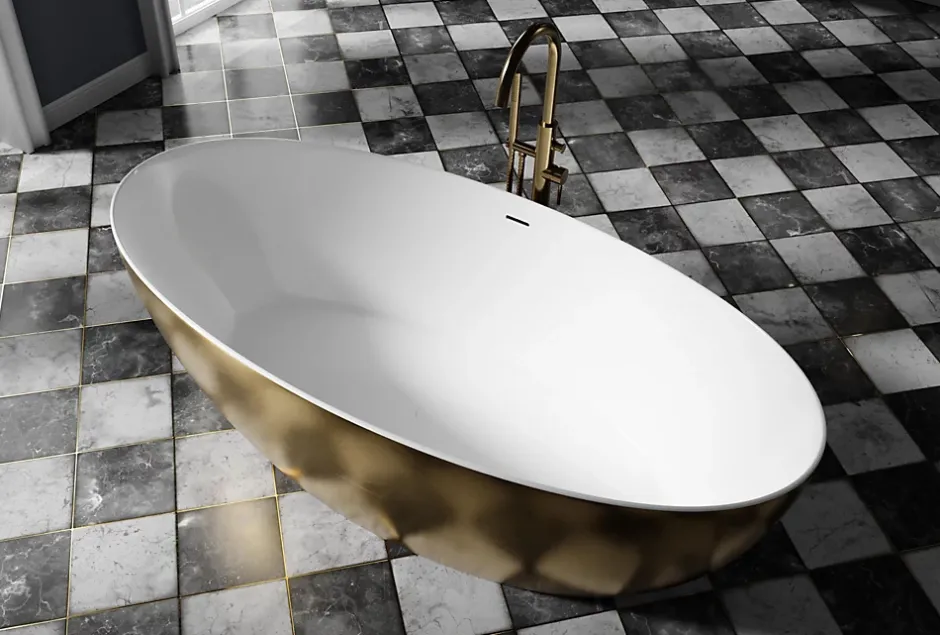 Bernstein Baignoire îlot acrylique effet feuille d'or TERRA - 186x88cm - Garantie 5 ans - Avec siphon, Avec robinet mitigeur 8028B* Baignoire Îlot