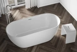 Bernstein Baignoire îlot Acrylique Ovale Moderne Salle de Bain avec Bonde- Blanc, 160x75x59cm, Garantie 5 ans, Bords épais, JAZZ PLUS 2.0* Baignoire Îlot