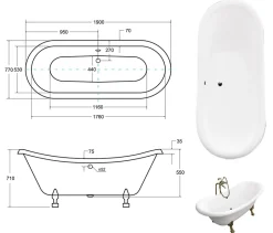 Azura Home Design Baignoire îlot AMELIA GLAM SILVER 190 x 77 cm* Baignoire Îlot