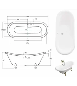 Azura Home Design Baignoire îlot AMELIA GLAM SILVER 190 x 77 cm* Baignoire Îlot