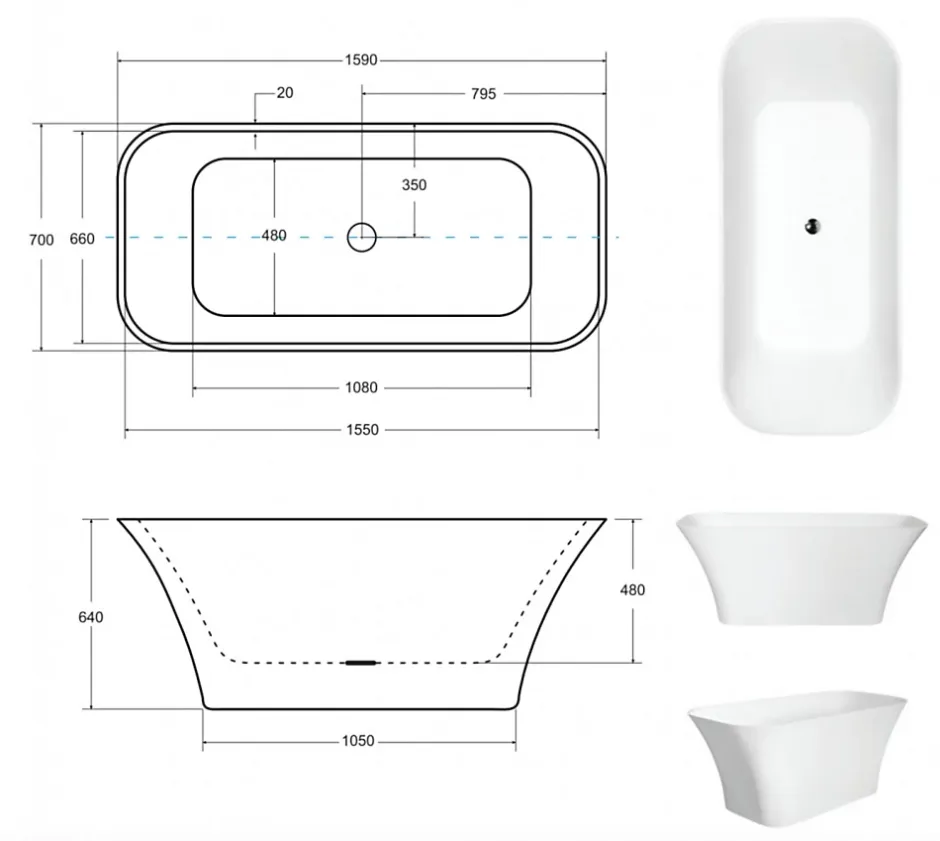 Azura Home Design Baignoire îlot ASSOS 160 x 70 cm* Baignoire Îlot