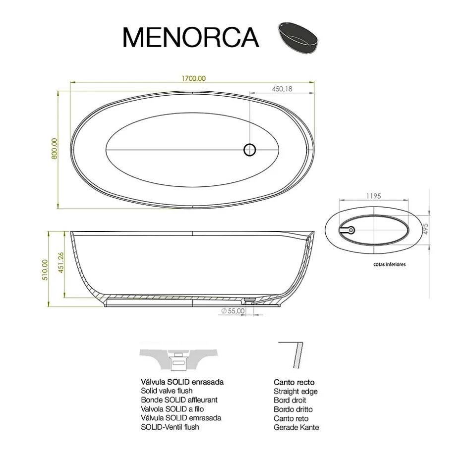 Poalgi Baignoire îlot blanche Solid Surface 170x80x51 cm inclus tablette - modèle MENORCA