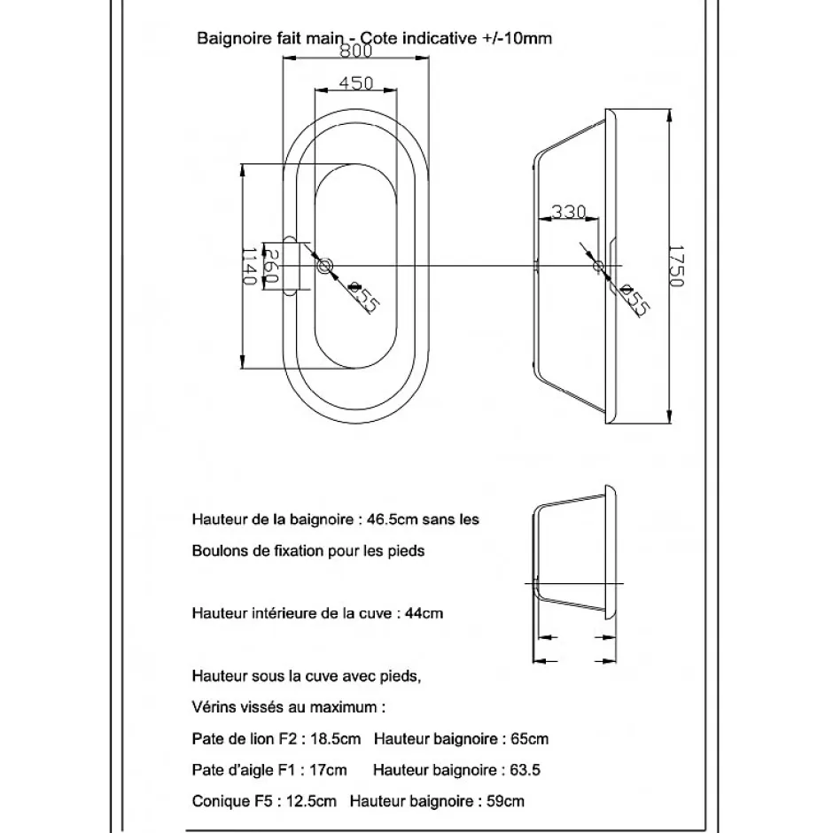 Planète Bain Baignoire îlot Charly blanche rétro + pieds conique noir