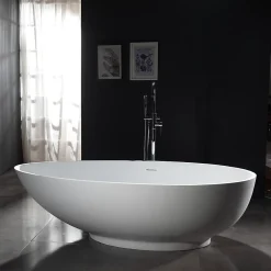 Bernstein Baignoire îlot Design en fonte minérale VIGO - blanc mat - Avec robinet mitigeur 1521, Sans siphon, 170x85cm* Baignoire Îlot