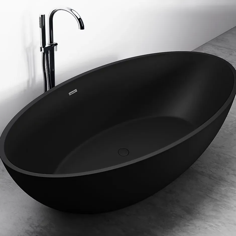 Bernstein Baignoire îlot en fonte minérale RELAX - 176x103cm - Noir mat, Sans siphon, Avec robinet mitigeur 8028B* Baignoire Îlot