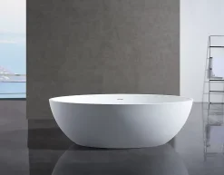 Bernstein Baignoire îlot en fonte minérale RELAX - 176x103cm - Avec siphon, Blanc mat, Avec robinet mitigeur 8028B