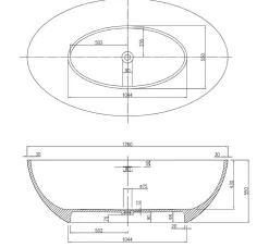Bernstein Baignoire îlot en fonte minérale RELAX - 176x103cm - Avec siphon, Blanc mat, Avec robinet mitigeur 8028B