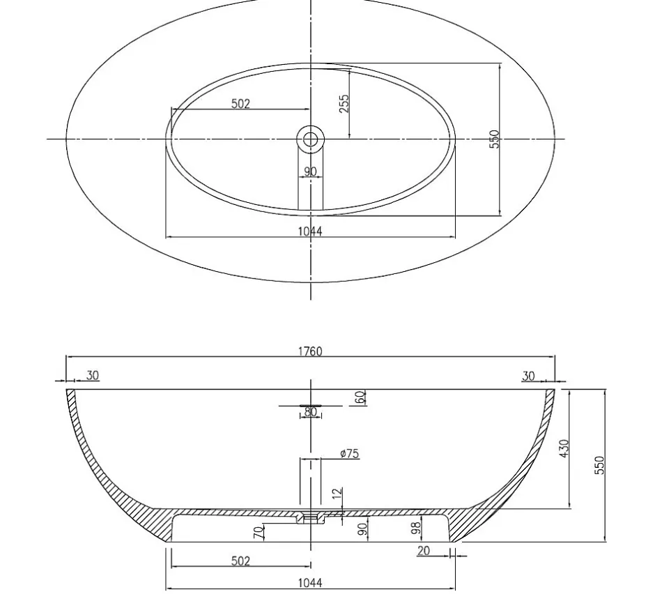 Bernstein Baignoire îlot en fonte minérale RELAX - 176x103cm - Avec siphon, Blanc mat, Avec robinet mitigeur 8028B