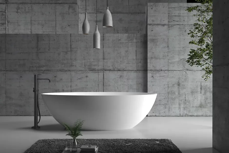 Bernstein Baignoire îlot en fonte minérale (fonte minérale) RIO STONE - 180x85x52cm - Sans robinet ni siphon, Blanc mat